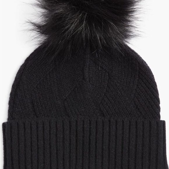 Nordstrom Faux Fur Cashmere Pompom Beanie Black 100% Cashmere NWT
